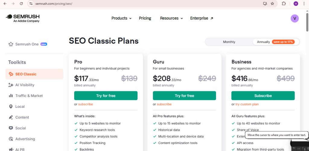 Semrush Pricing and Plans