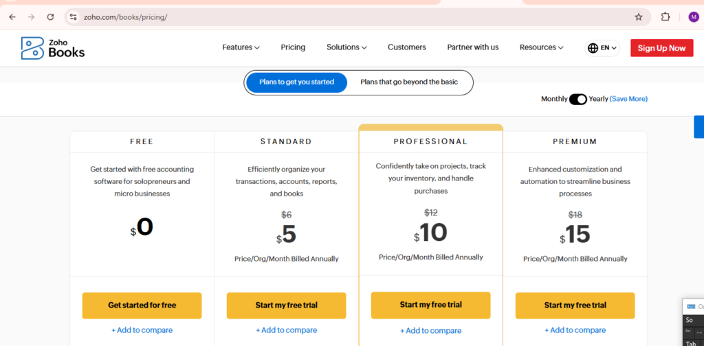 Zoho Books Pricing Plans